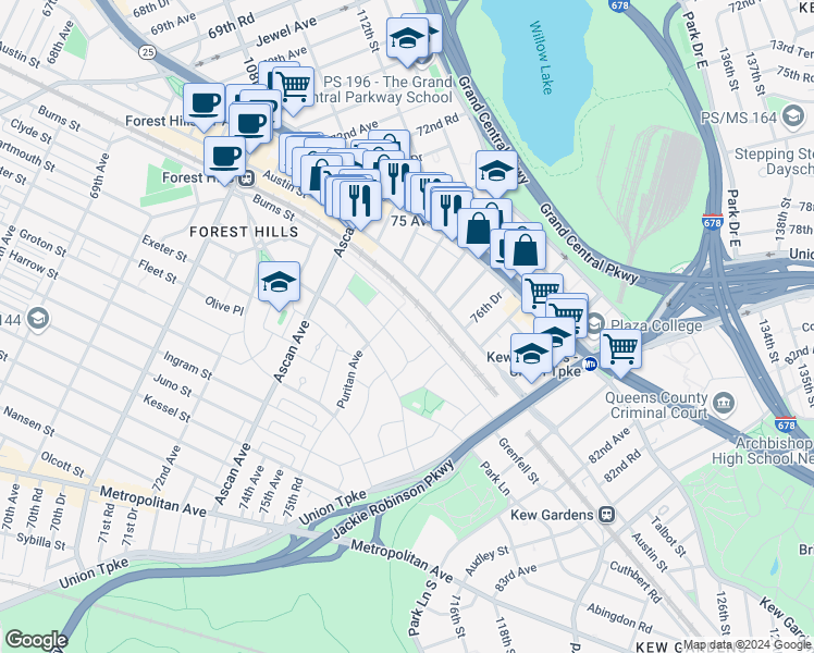 map of restaurants, bars, coffee shops, grocery stores, and more near 222 Burns Street in Queens