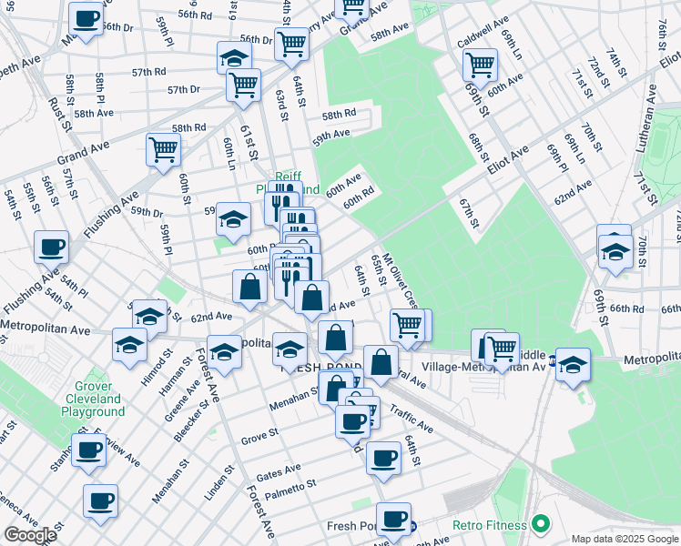 map of restaurants, bars, coffee shops, grocery stores, and more near 63-13 Eliot Avenue in Queens