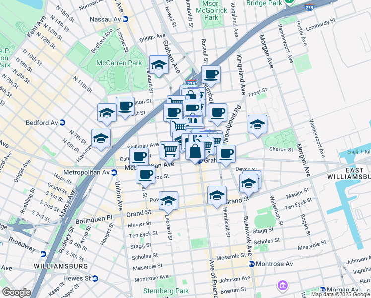 map of restaurants, bars, coffee shops, grocery stores, and more near 141 Skillman Avenue in Brooklyn