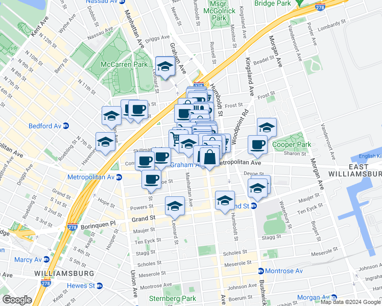 map of restaurants, bars, coffee shops, grocery stores, and more near 141 Skillman Avenue in Brooklyn