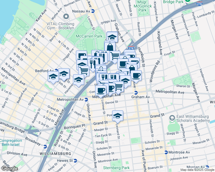 map of restaurants, bars, coffee shops, grocery stores, and more near 76 Jackson Street in Brooklyn