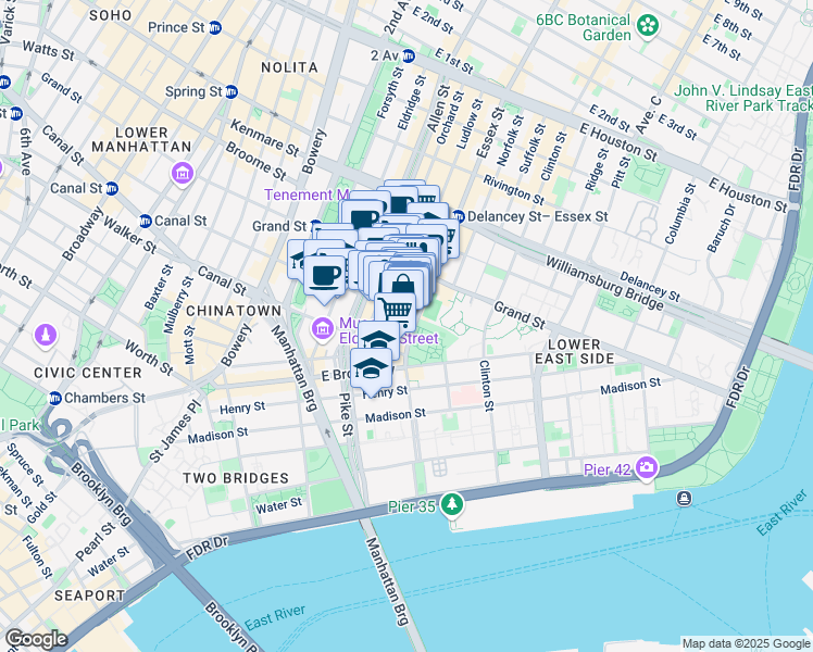 map of restaurants, bars, coffee shops, grocery stores, and more near 25 Essex Street in New York
