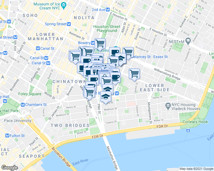 map of restaurants, bars, coffee shops, grocery stores, and more near 50-52 Eldridge Street in New York