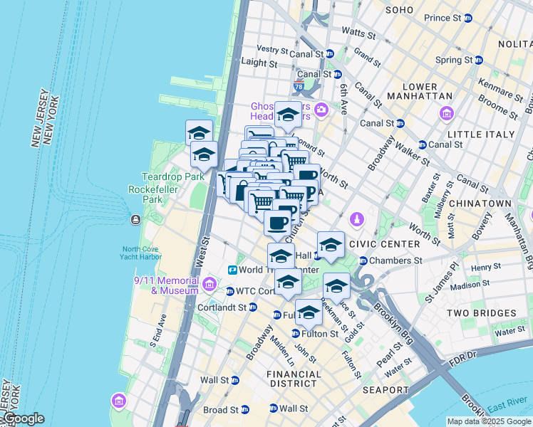 map of restaurants, bars, coffee shops, grocery stores, and more near 155 Chambers Street in New York
