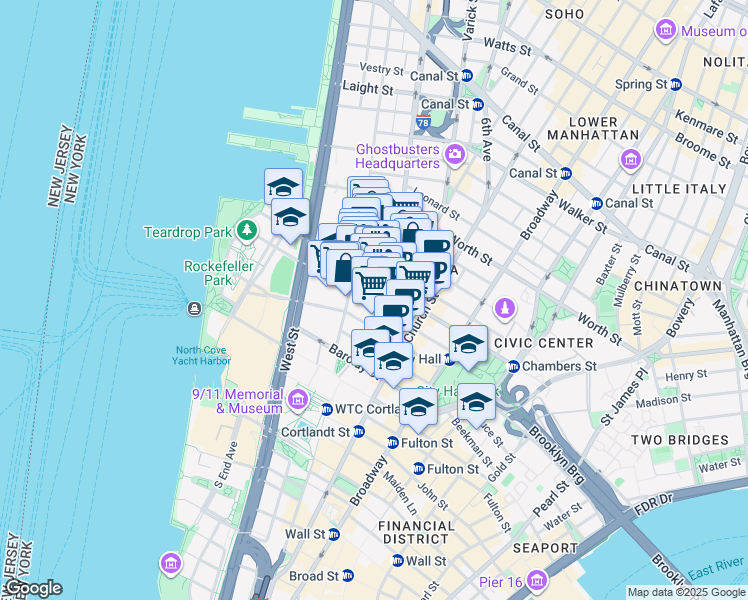 map of restaurants, bars, coffee shops, grocery stores, and more near 155 Chambers Street in New York