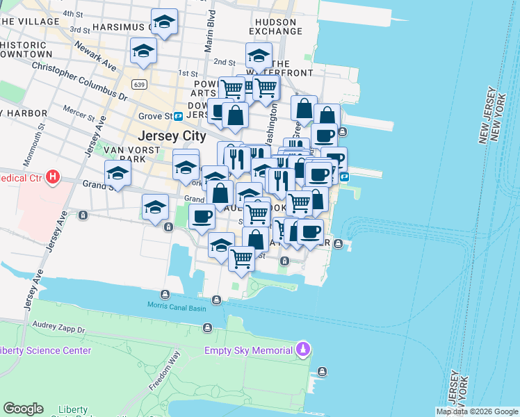 map of restaurants, bars, coffee shops, grocery stores, and more near in Jersey City