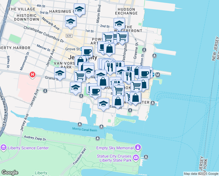 map of restaurants, bars, coffee shops, grocery stores, and more near in Jersey City