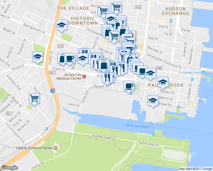 map of restaurants, bars, coffee shops, grocery stores, and more near 111 Liberty View Drive in Jersey City