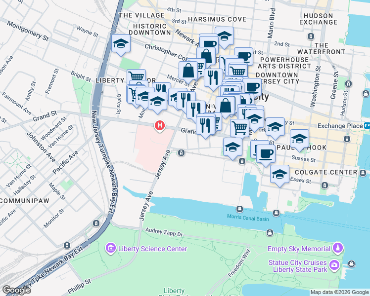 map of restaurants, bars, coffee shops, grocery stores, and more near 111 Liberty View Drive in Jersey City