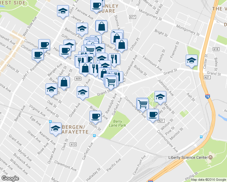 map of restaurants, bars, coffee shops, grocery stores, and more near 498 Communipaw Avenue in Jersey City