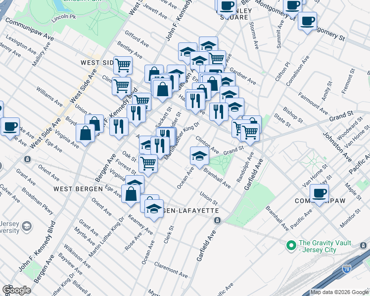 map of restaurants, bars, coffee shops, grocery stores, and more near in Jersey City