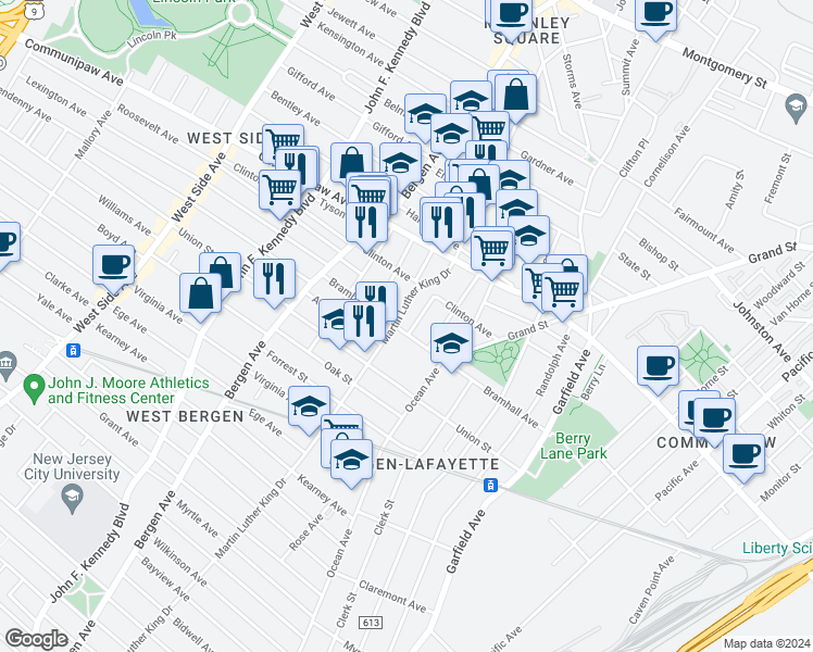 map of restaurants, bars, coffee shops, grocery stores, and more near in Jersey City