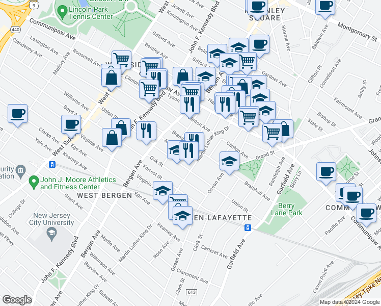 map of restaurants, bars, coffee shops, grocery stores, and more near 596 Bramhall Avenue in Jersey City