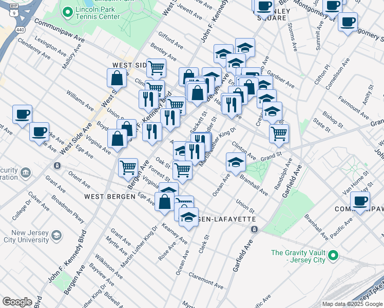 map of restaurants, bars, coffee shops, grocery stores, and more near in Jersey City