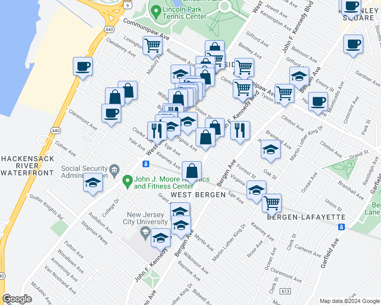map of restaurants, bars, coffee shops, grocery stores, and more near 208 Virginia Avenue in Jersey City