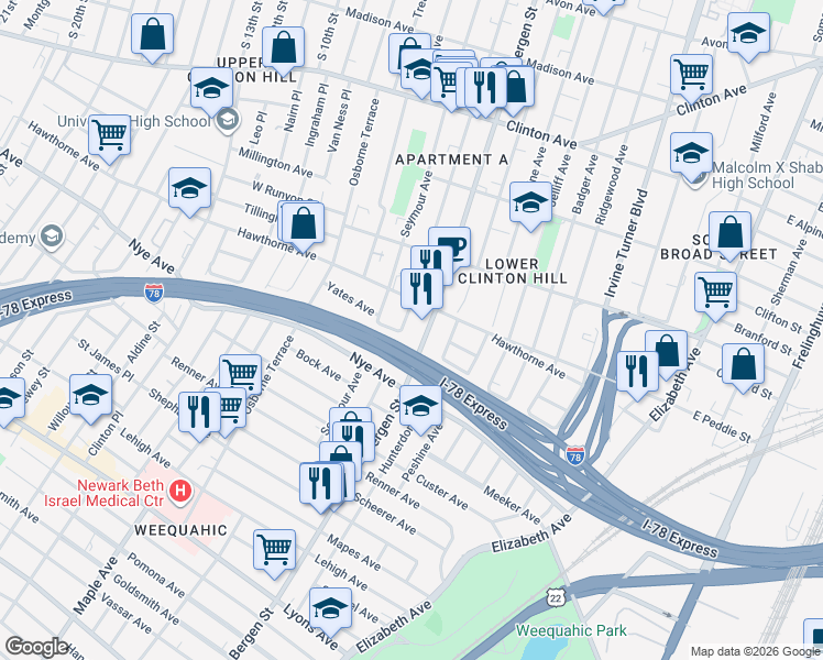 map of restaurants, bars, coffee shops, grocery stores, and more near in Newark