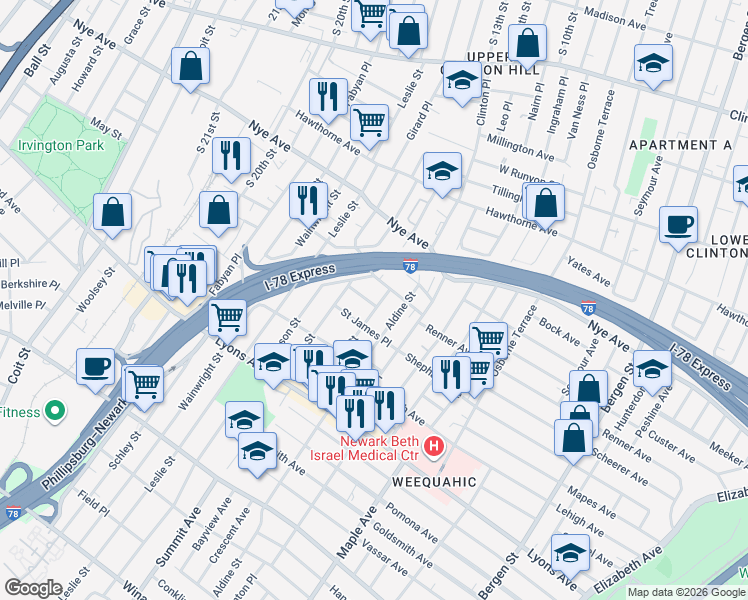map of restaurants, bars, coffee shops, grocery stores, and more near 19 Edwin Place in Newark