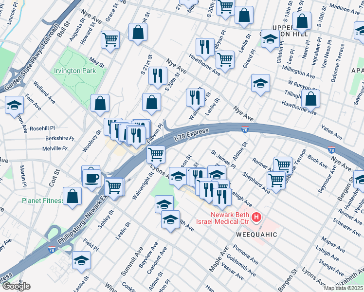 map of restaurants, bars, coffee shops, grocery stores, and more near 236 Leslie Street in Newark