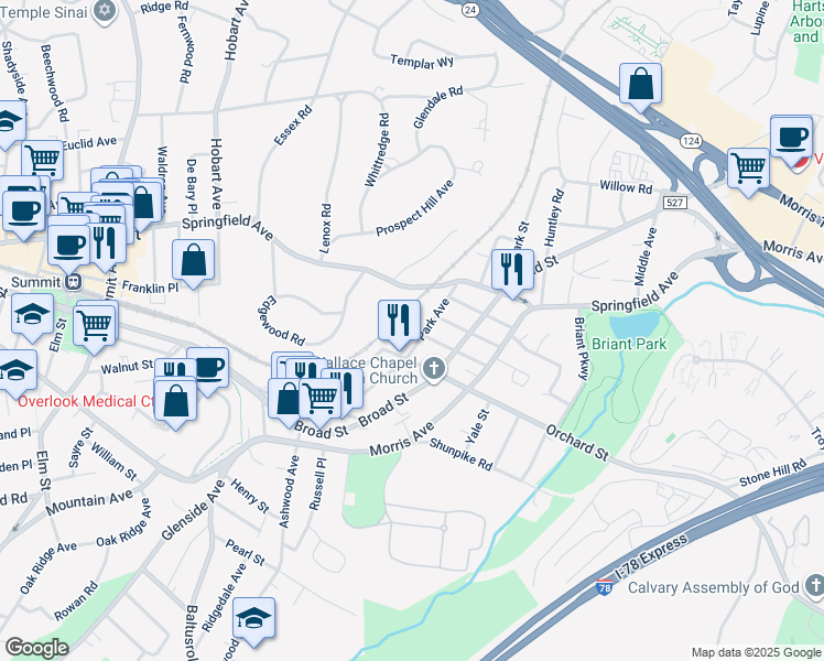 map of restaurants, bars, coffee shops, grocery stores, and more near 150 Springfield Avenue in Summit