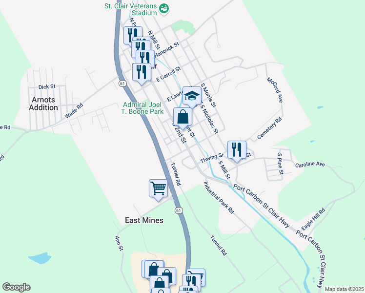 map of restaurants, bars, coffee shops, grocery stores, and more near 246 South 2nd Street in Saint Clair