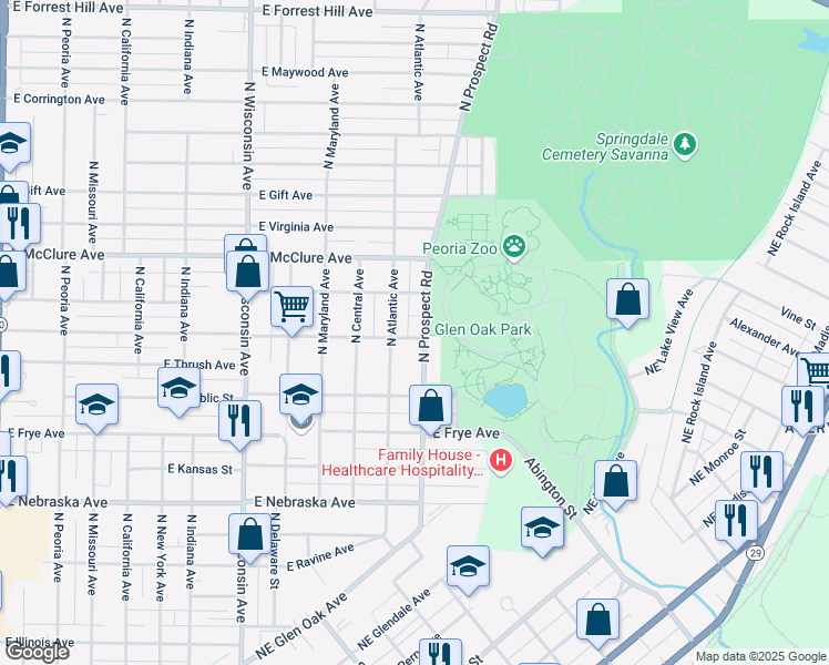map of restaurants, bars, coffee shops, grocery stores, and more near 2150-2166 North Prospect Road in Peoria