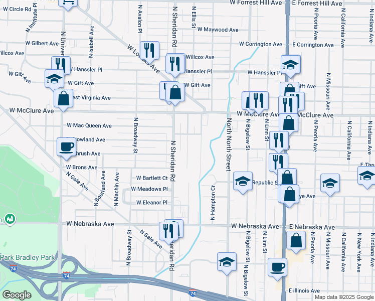 map of restaurants, bars, coffee shops, grocery stores, and more near 2313 North Ellis Street in Peoria