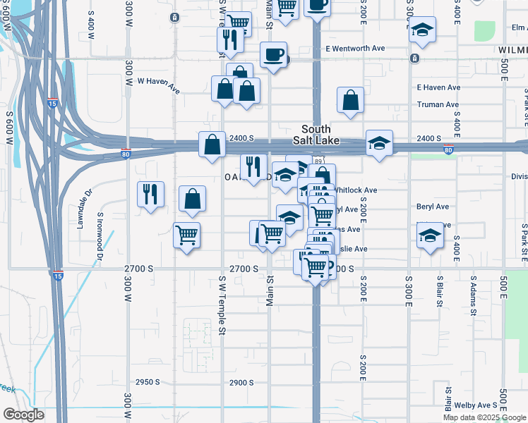 map of restaurants, bars, coffee shops, grocery stores, and more near 2550 Main Street in South Salt Lake