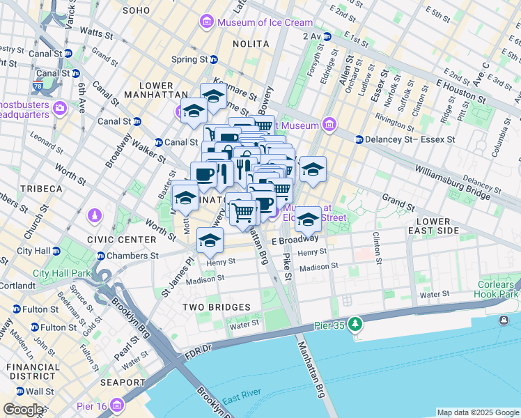 map of restaurants, bars, coffee shops, grocery stores, and more near in New York