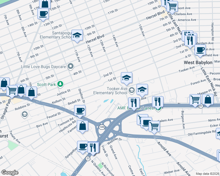 map of restaurants, bars, coffee shops, grocery stores, and more near 19 13th Avenue in West Babylon