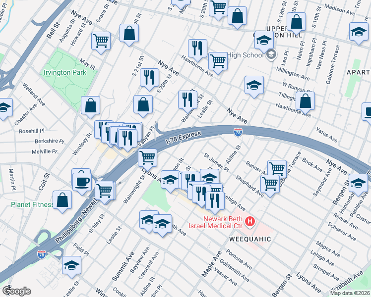 map of restaurants, bars, coffee shops, grocery stores, and more near 211 Leslie Street in Newark