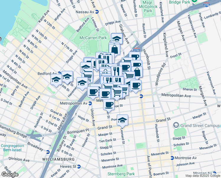 map of restaurants, bars, coffee shops, grocery stores, and more near 76 Jackson Street in Brooklyn