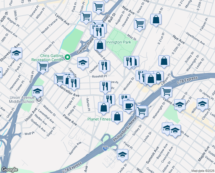 map of restaurants, bars, coffee shops, grocery stores, and more near 11 Norwood Avenue in Irvington