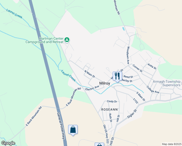 map of restaurants, bars, coffee shops, grocery stores, and more near 143 North Main Street in Milroy