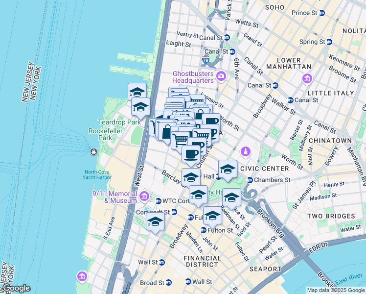 map of restaurants, bars, coffee shops, grocery stores, and more near 155 Chambers Street in New York