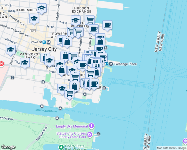 map of restaurants, bars, coffee shops, grocery stores, and more near 31 Exchange Place in Jersey City