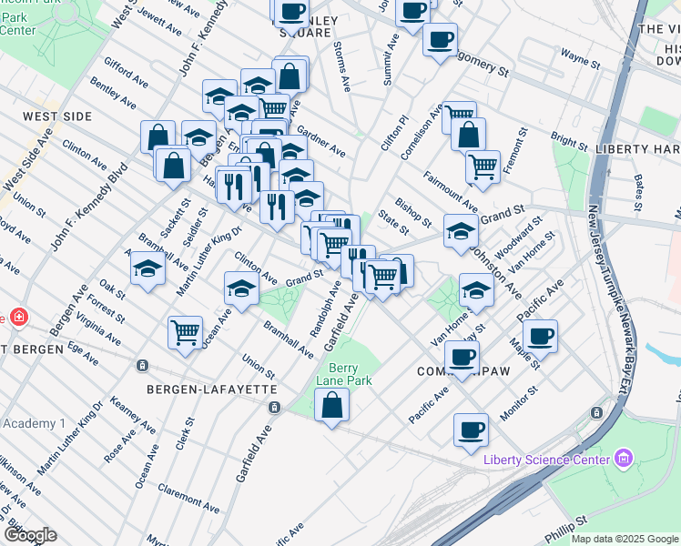 map of restaurants, bars, coffee shops, grocery stores, and more near Communipaw Avenue & Randolph Avenue in Jersey City