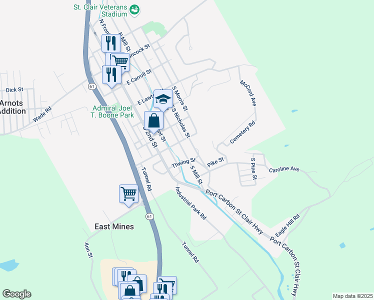 map of restaurants, bars, coffee shops, grocery stores, and more near 433 South Mill Street in Saint Clair