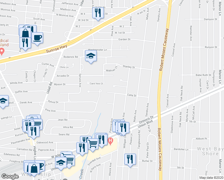 map of restaurants, bars, coffee shops, grocery stores, and more near 1009 Celia Street in West Islip