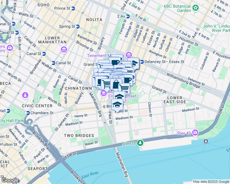 map of restaurants, bars, coffee shops, grocery stores, and more near 122 Hester Street in New York