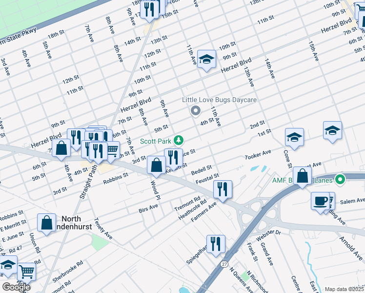 map of restaurants, bars, coffee shops, grocery stores, and more near 901 3rd Street in West Babylon