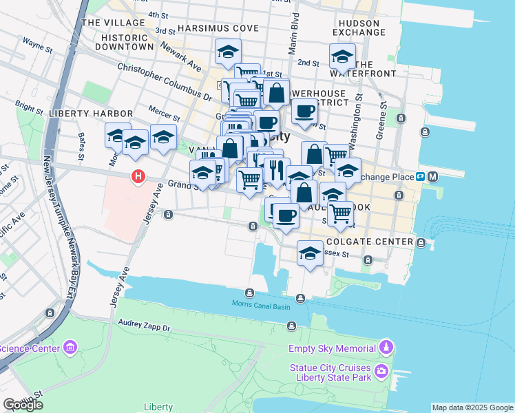 map of restaurants, bars, coffee shops, grocery stores, and more near 225 Grand Street in Jersey City