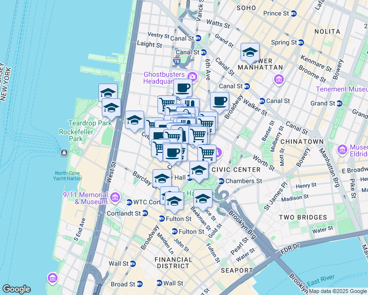 map of restaurants, bars, coffee shops, grocery stores, and more near Reade Street in New York