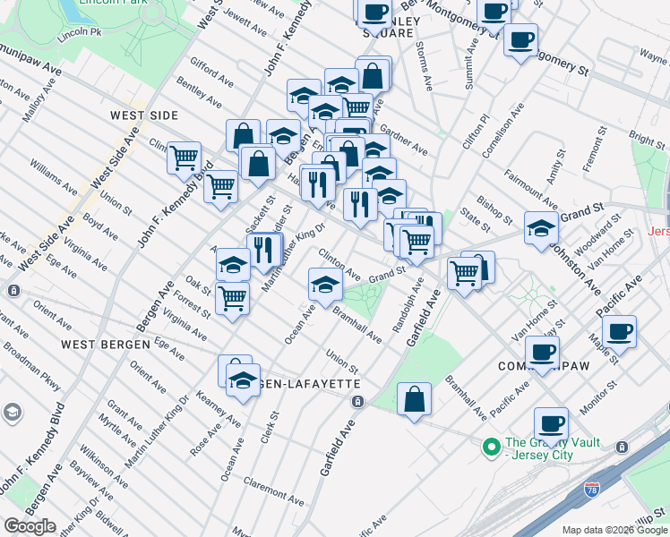 map of restaurants, bars, coffee shops, grocery stores, and more near in Jersey City
