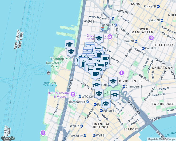 map of restaurants, bars, coffee shops, grocery stores, and more near 85 Warren Street in New York