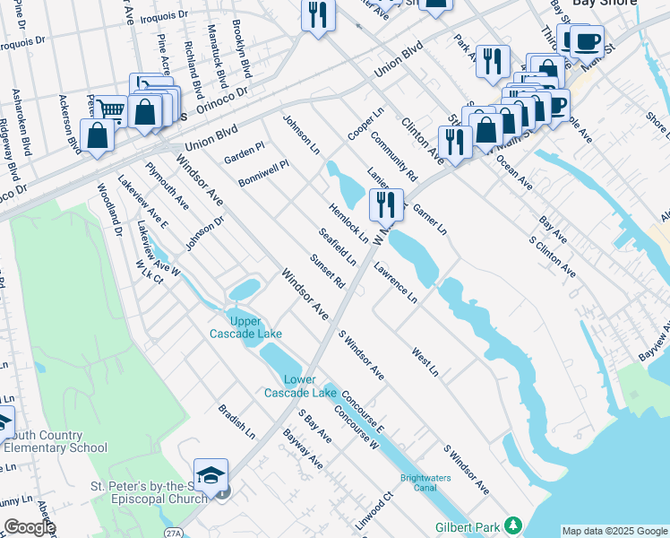 map of restaurants, bars, coffee shops, grocery stores, and more near 16 Seafield Lane in Bay Shore