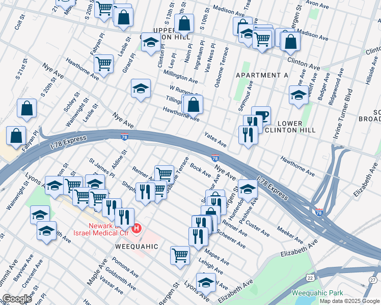 map of restaurants, bars, coffee shops, grocery stores, and more near Nye Ave & Osborne Terrace in Newark
