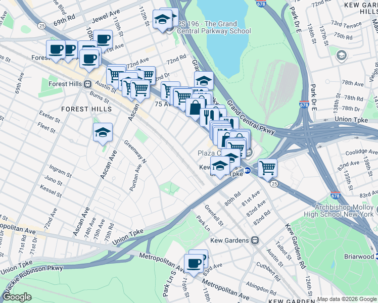 map of restaurants, bars, coffee shops, grocery stores, and more near 111-20 76th Road in Queens