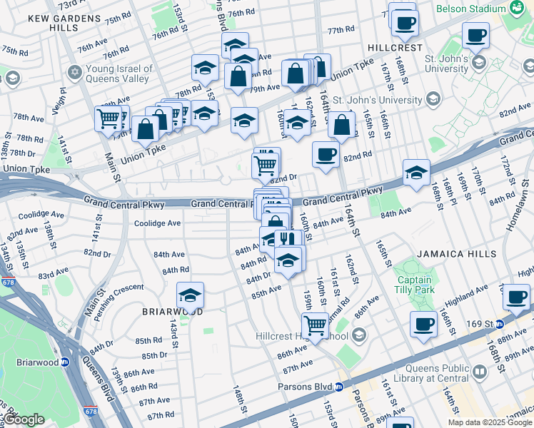 map of restaurants, bars, coffee shops, grocery stores, and more near 85 Parsons Boulevard in Queens