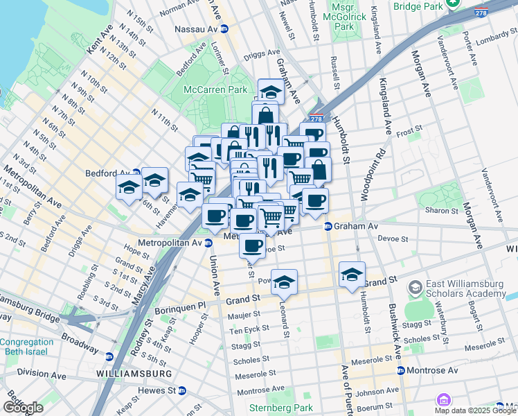 map of restaurants, bars, coffee shops, grocery stores, and more near 72 Skillman Avenue in Brooklyn