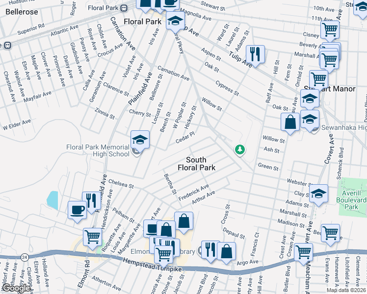 map of restaurants, bars, coffee shops, grocery stores, and more near 47 Cedar Place in Floral Park